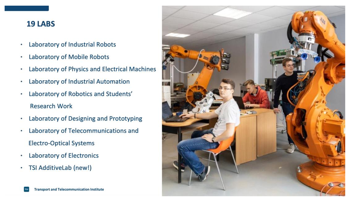 TSI University research laboratories — students working with industrial robots
